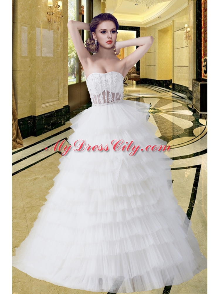 New Style A Line Strapless 2014 Wedding Dress with Ruffled Layers