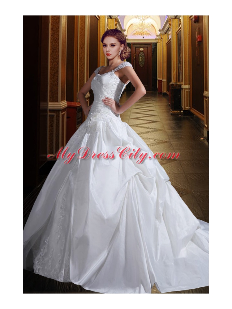 Puffy 2015 Wide Straps Wedding Dress with Appliques and Ruffles
