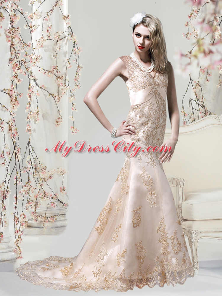 Gorgeous Champagne Mermaid V Neck Embroidery Wedding Dresses for 2015