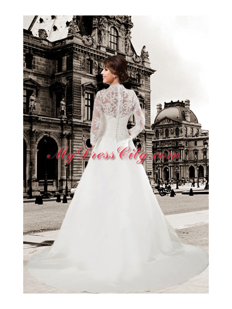 Lace V Neck Chapel Train A Line Wedding Dress with Long Sleeves