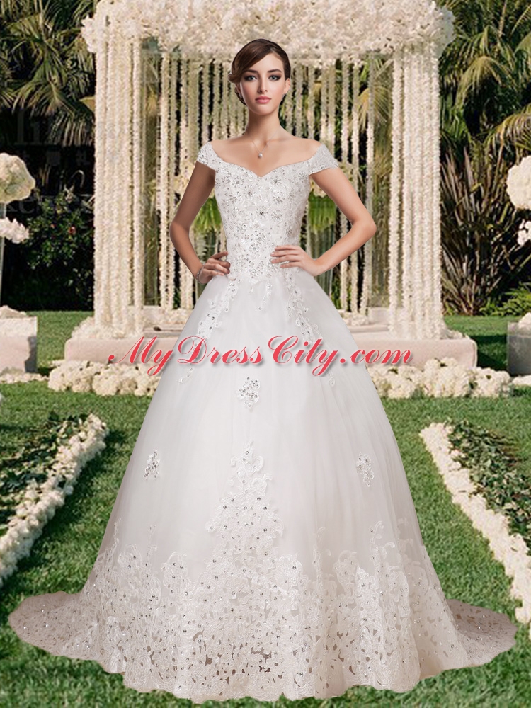 Off the Shoulder Lace 2015 Appliques Wedding Dress with Beading