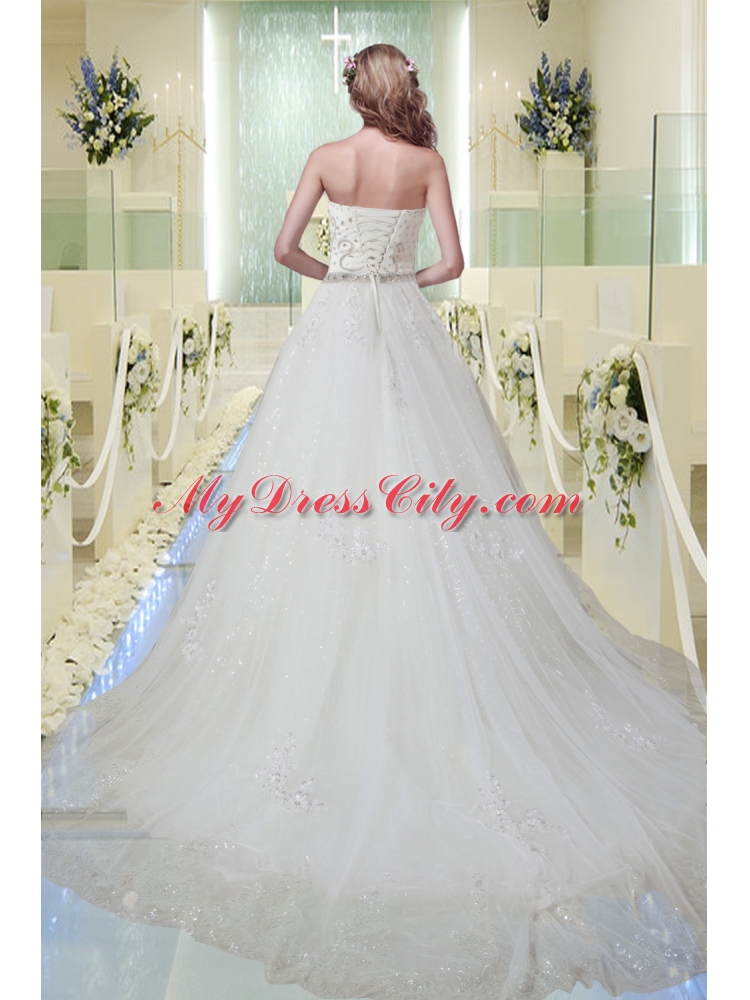 Discount Strapless Beading Wedding Dress with Chapel Train