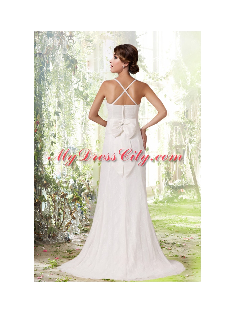 Empire Spaghetti Straps Lace Beading Cheap Wedding Dress with Criss Cross