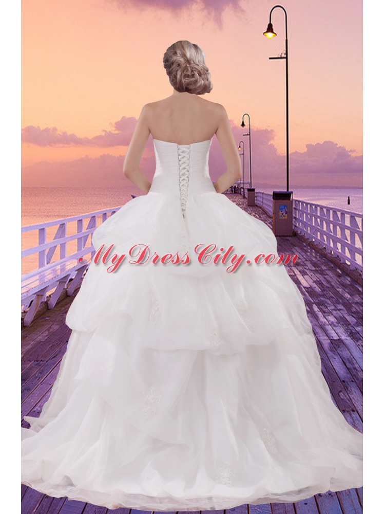 Beautiful Brush Train Ball Gown Wedding Dress with Appliques