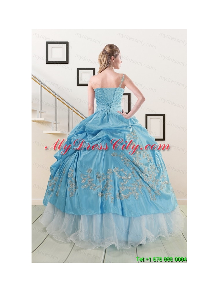 2015 Pretty One Shoulder Appliques and Beaded Quinceanera Dresses in Aqua Blue