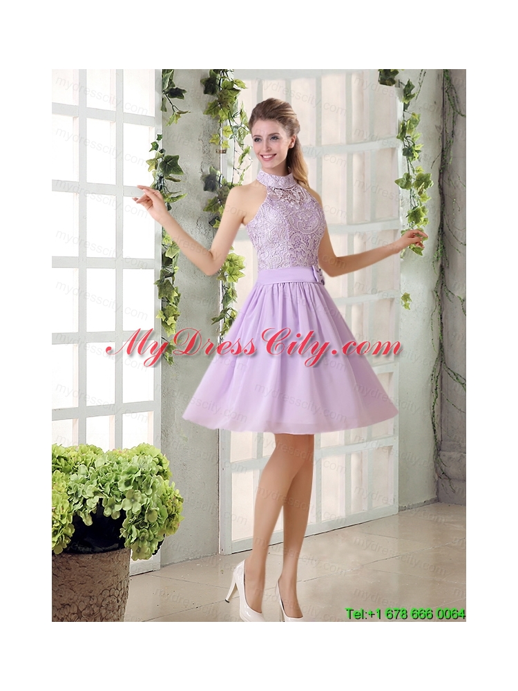 High Neck Lilac A Line Lace Prom Dress Chiffon for 2015