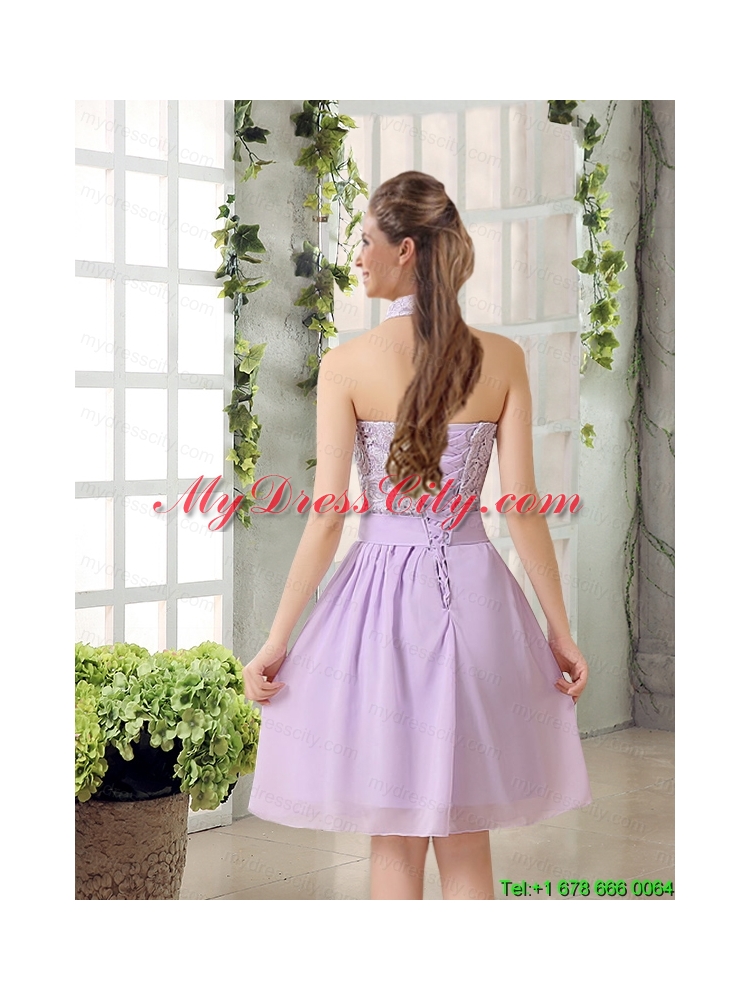 High Neck Lilac A Line Lace Prom Dress Chiffon for 2015