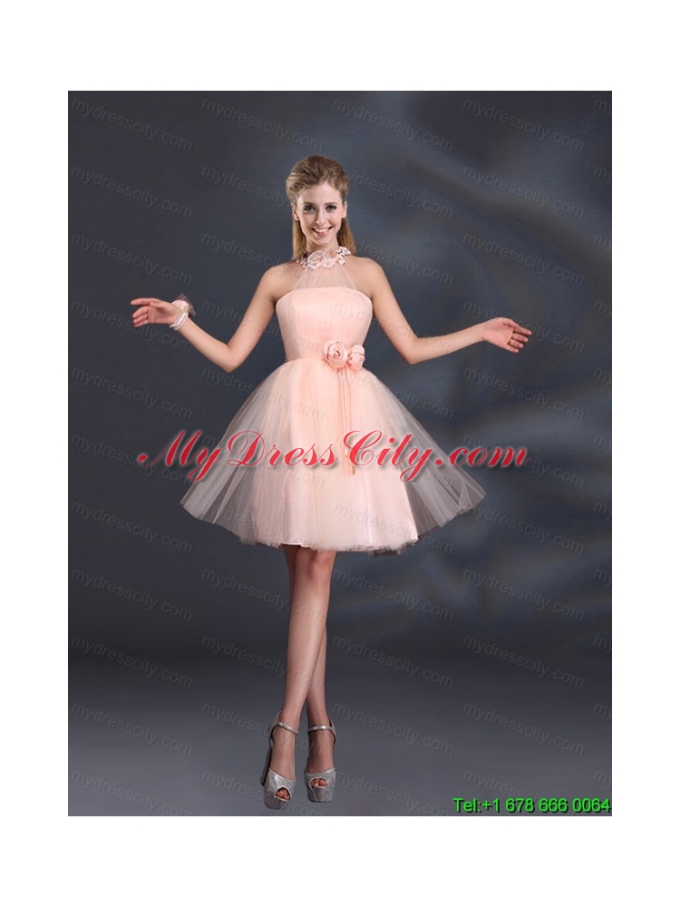 Halter Hand Made Flowers Prom Dresses with Mini Length