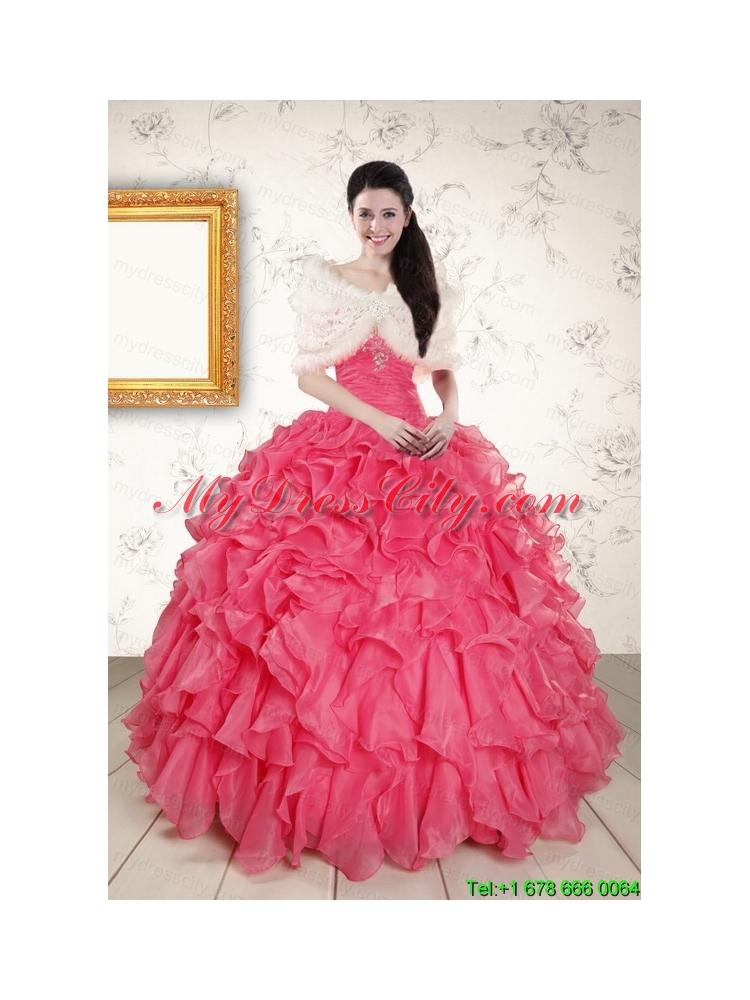 Beading and Ruffles 2015 Hot Pink Quinceanera Dresses with Strapless