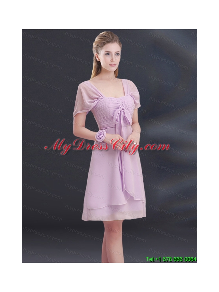 A Line Square Ruhing Mothr of The Bride Dress with Cap Sleeves