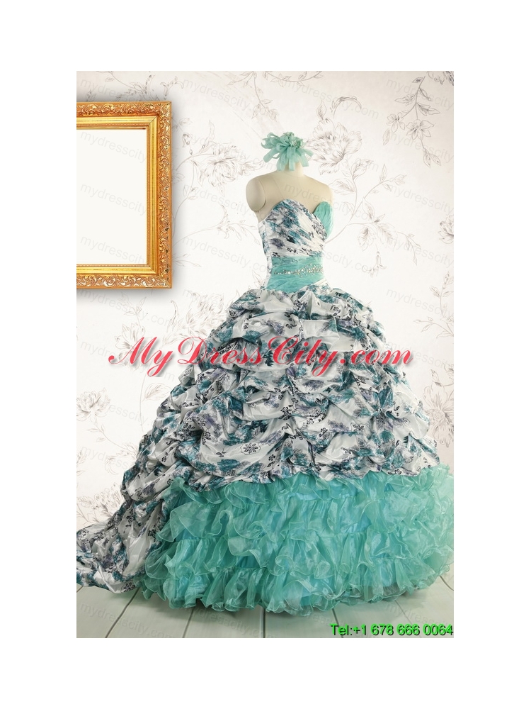 Exquisite Turquoise Sweep Train Quinceanera Dresses with Beading For 2015