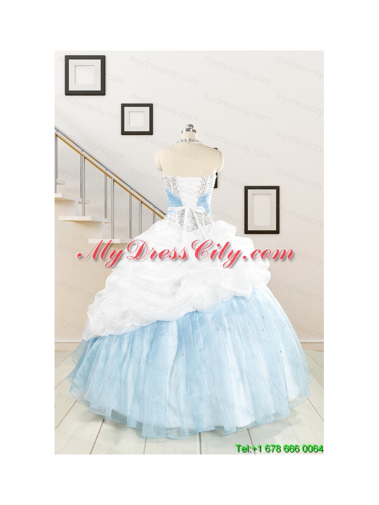 2015 Pretty Halter White and Blue Quinceanera Dress with Beading
