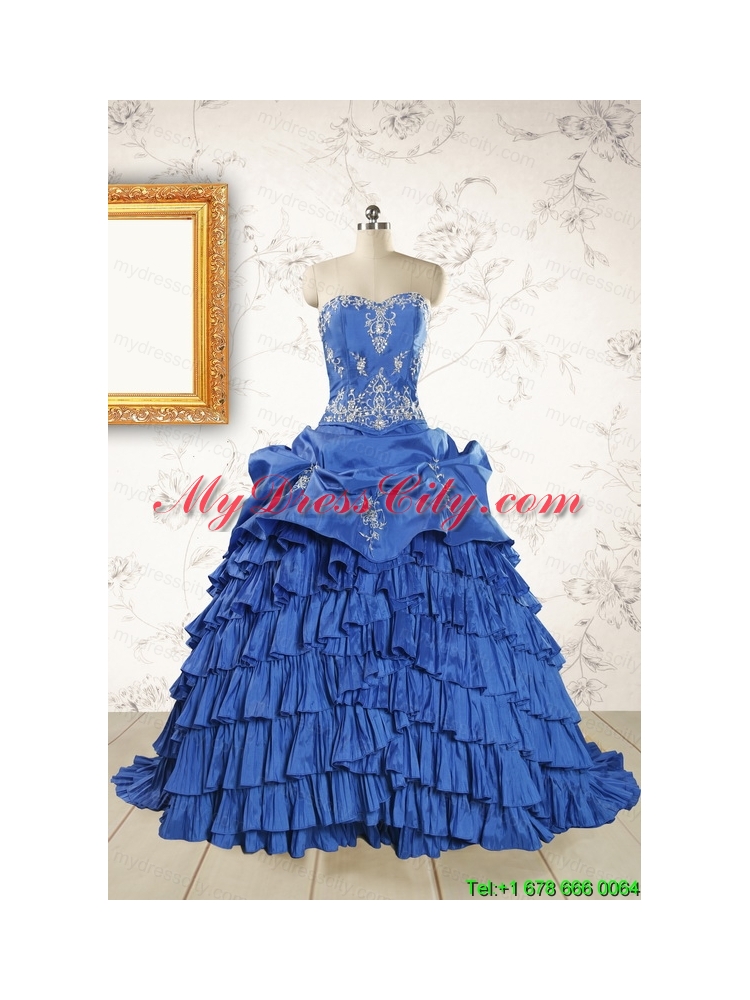 Modern Brush Train Appliques Sweet 15 Dresses in Royal Blue