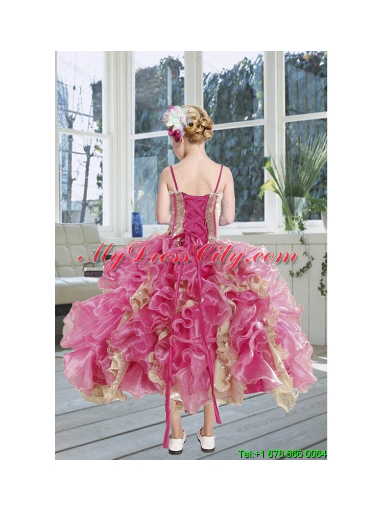 2015 Gorgeous Beading and Ruffles Flower Girl Dress in Pink and Gold