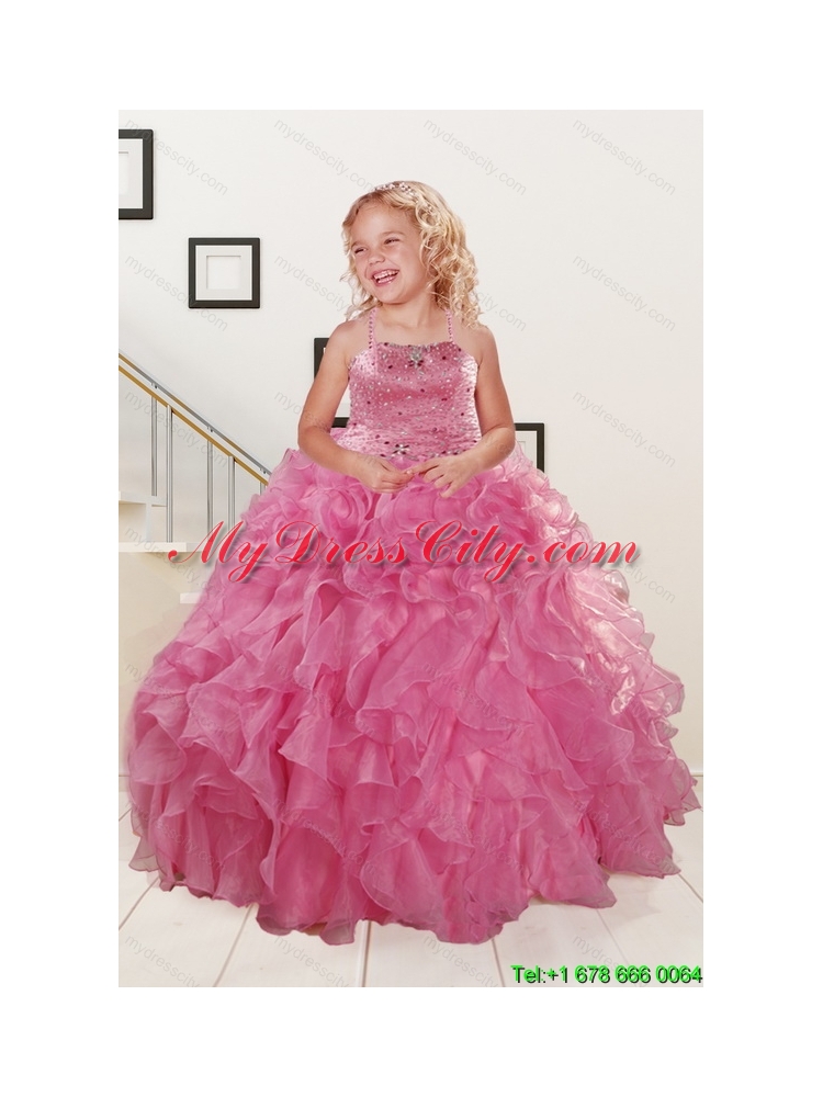 Trendy Pink Little Girl Dress with Beading and Ruffles for 2015 Spring
