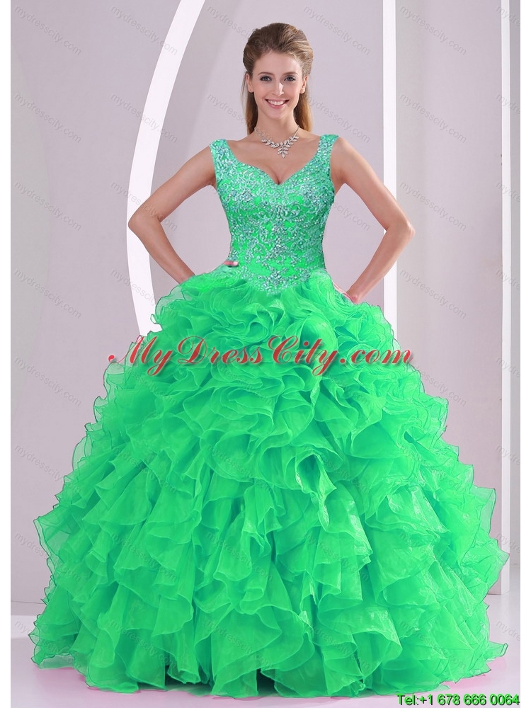 2015 Unique Spring Green Quinceanera Dresses with Beading and Ruffles