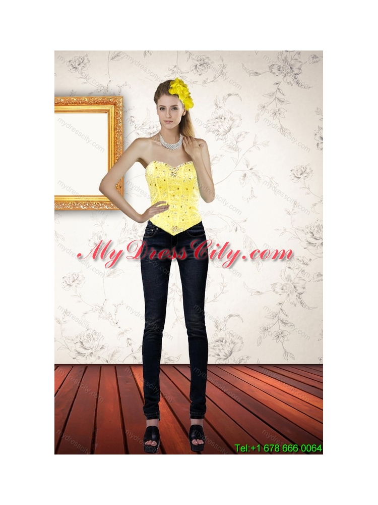Cute Sweetheart Beading and Ruffled Yellow Corset for 2015