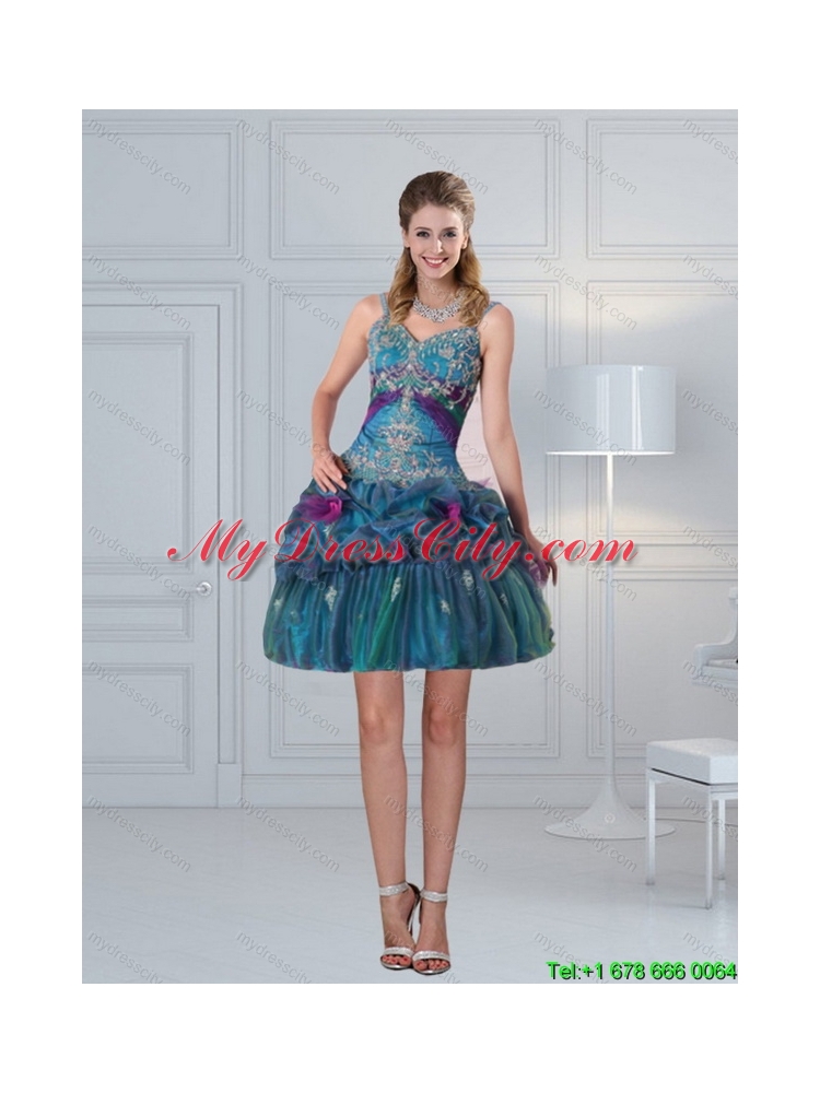2015 Ball Gown Straps Multi Color Embroidery Prom Dresses with Hand Made Flower