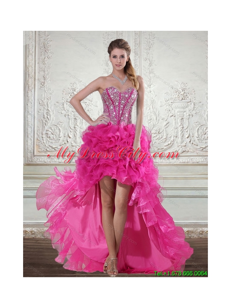 2015 Hot Pink High Low Sweetheart Prom Dresses with Beading and Ruffled ...