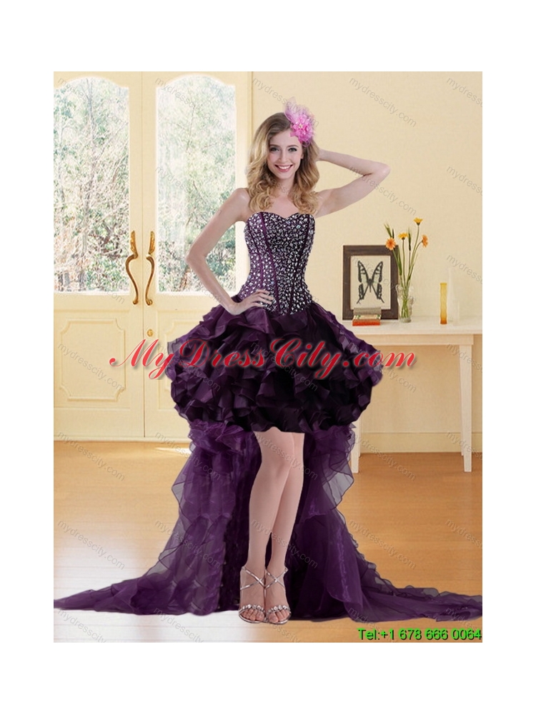 High Low Burgundy Prom Dress with Ruffled Layers and Beading