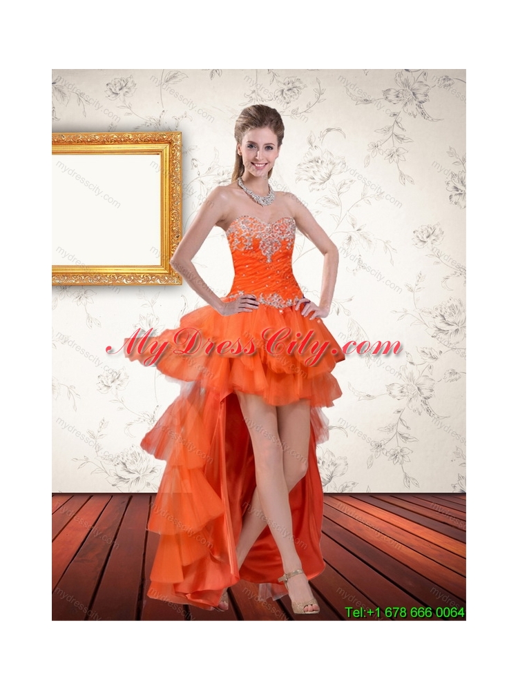 High Low Sweetheart Orange Prom Dresses with Ruffles and Beading