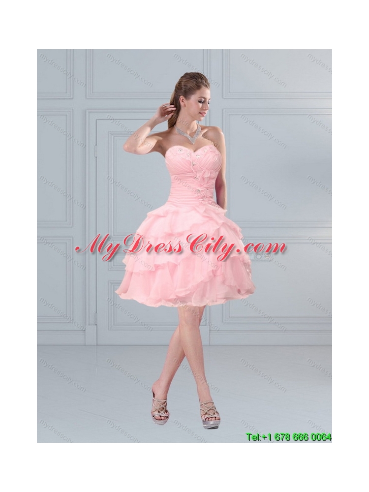 2015 Cute Baby Pink Sweetheart Beaded Prom Gown with Ruffled Layers