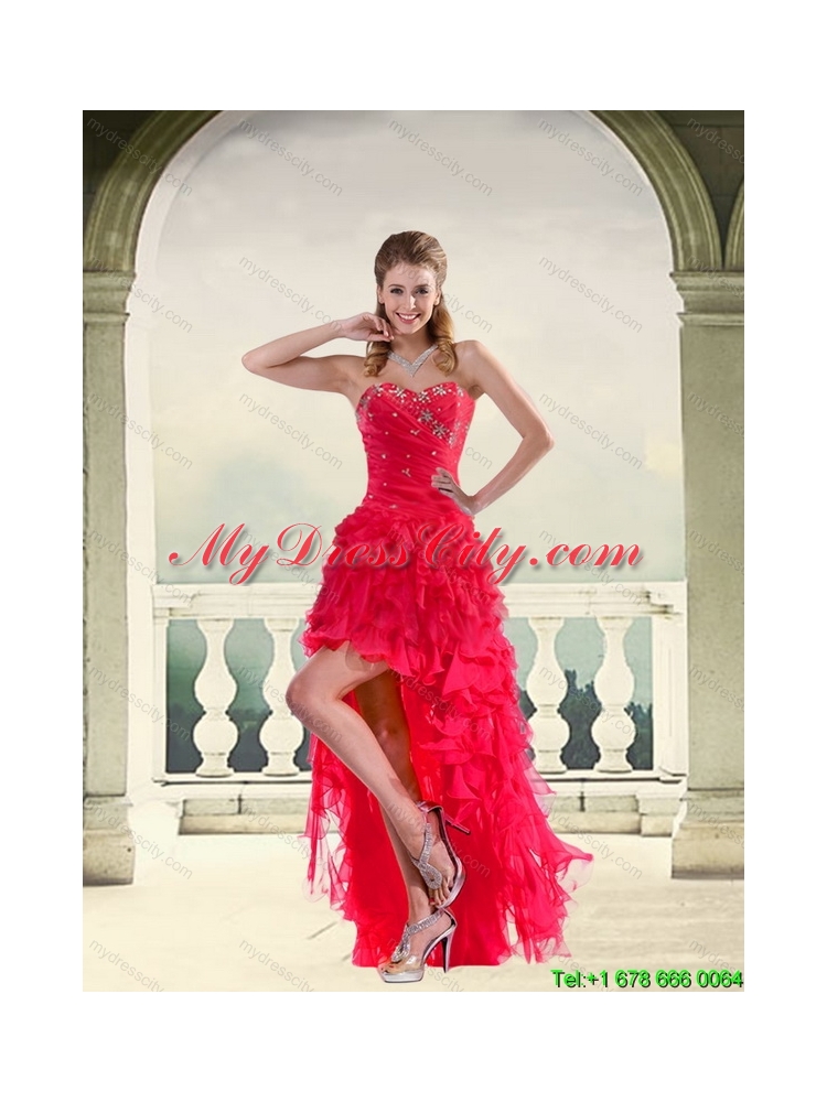 Coral Red Ball Gown Strapless Prom Dresses with Ruffles and Beading
