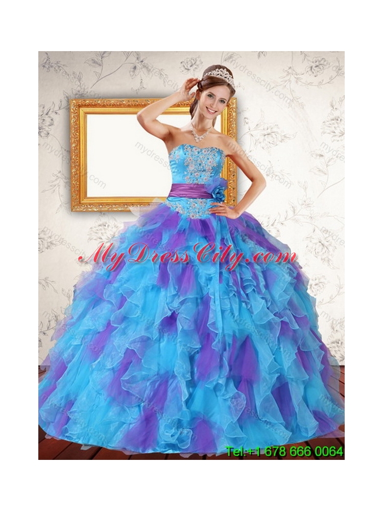 2015 Beaded Strapless Multi Color Quinceanera Dresses with Ruffles and Sash