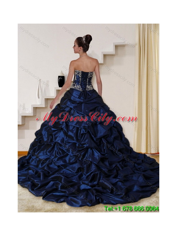 2015 Detachable Embroidery and Beaded Strapless Best Quinceanera Dress in Navy Blue