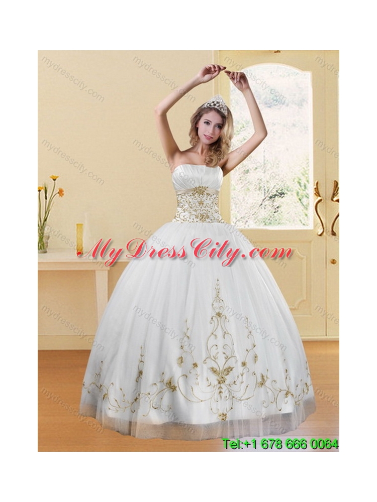 2015 New Style Strapless Embroidery White and Gold Best Dresses for Quinceanera