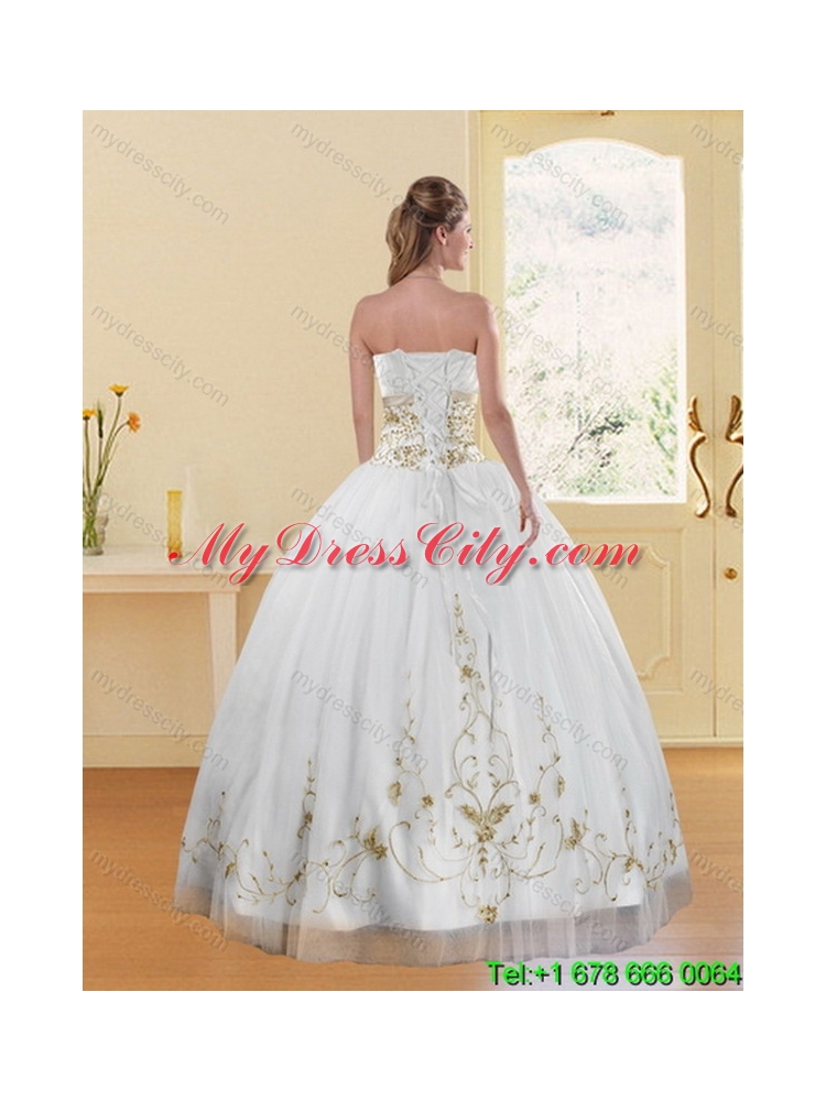 2015 New Style Strapless Embroidery White and Gold Best Dresses for Quinceanera
