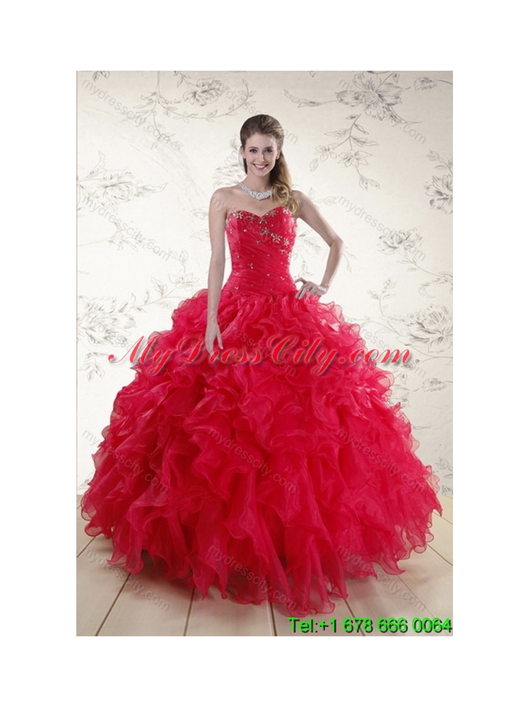 Best Sophisticated Red Sweetheart Dresses for Quince with Ruffles and Beading