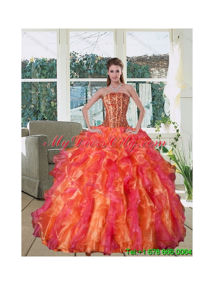 Multi Color Strapless Classic Quince Dress with Beading and Ruffles