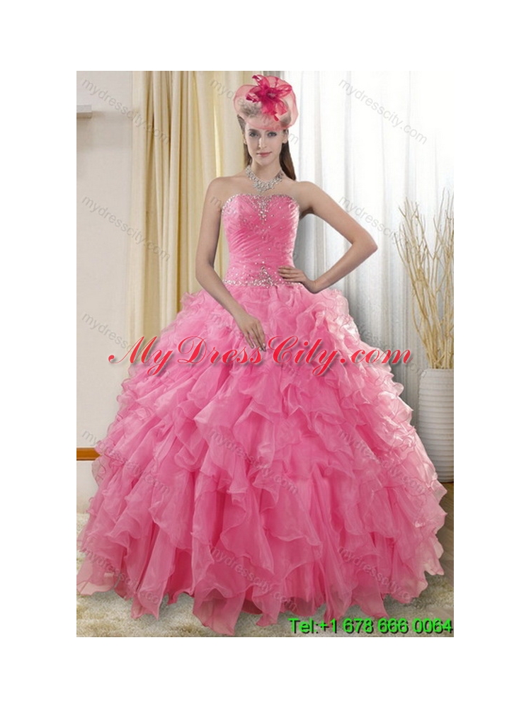 2015 Beautiful Rose Pink Strapless Dresses for Classic Quince with Ruffles and Beading