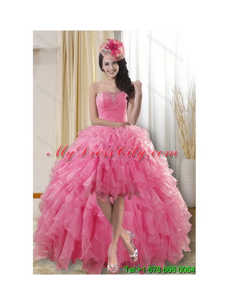 2015 Beautiful Rose Pink Strapless Dresses for Classic Quince with Ruffles and Beading