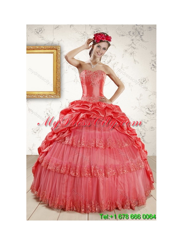 2015 Strapless Coral Red Classic Quinceanera Dresses with Pick Ups and Beading