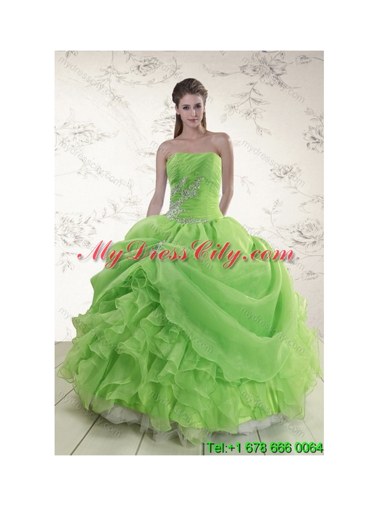 Brand New Classic Spring Green Strapless Sweet 15 Dresses with Ruffles and Beading