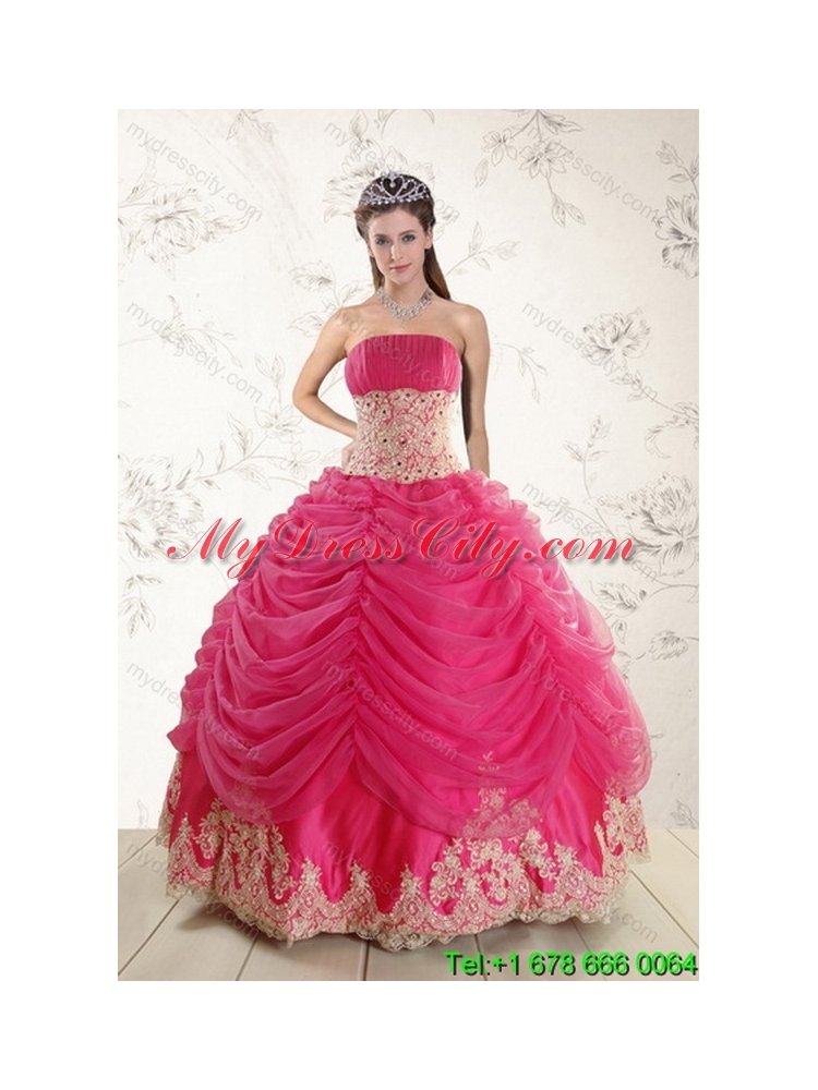 Fashionable 2015 Strapless Hot Pink Classic Quinceanera Dresses with Beading and Lace