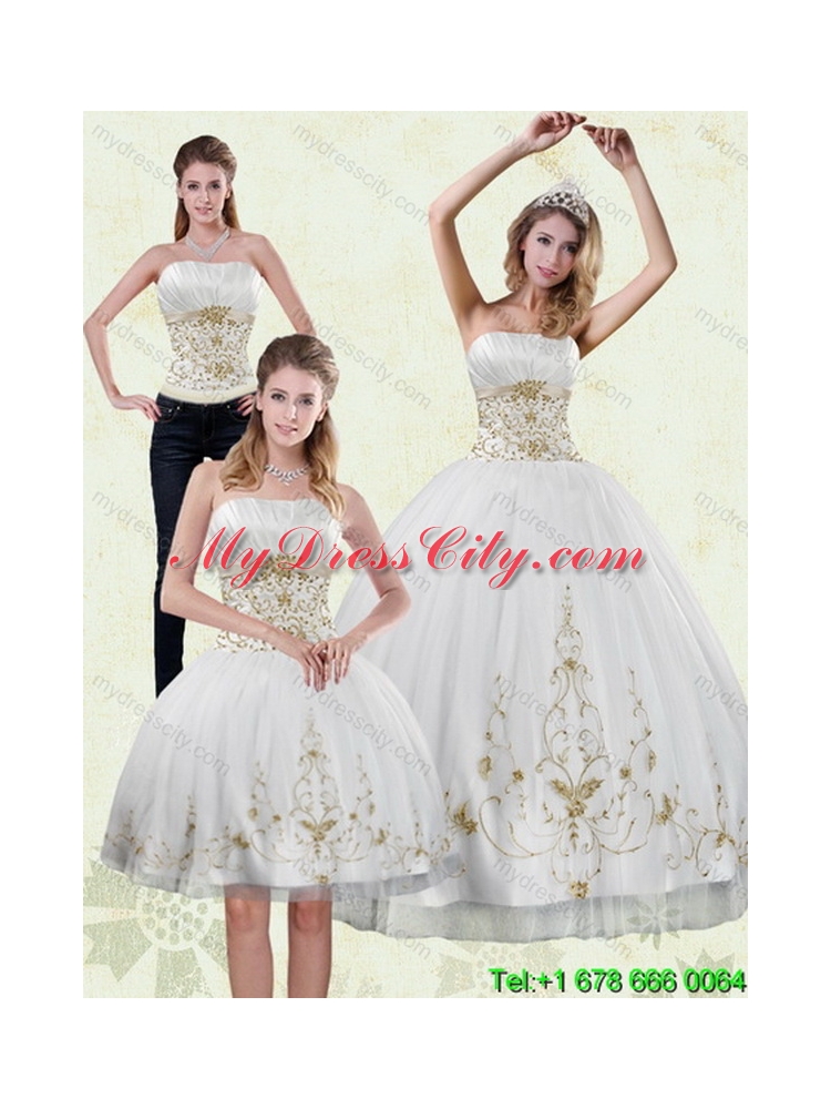 Modest 2015 Strapless Embroidery White and Gold Classic Quinceanera Dresses