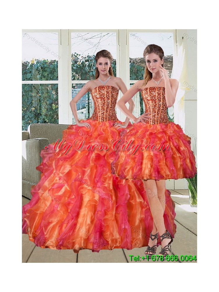 Multi Color Strapless Unique Quinceanera Dress with Beading and Ruffles