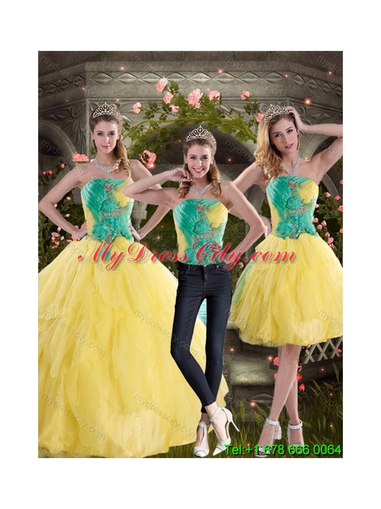 Unique 2015 New Style Yellow and Green Quince Dresses with Ruching