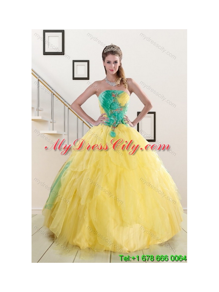 Unique 2015 New Style Yellow and Green Quince Dresses with Ruching