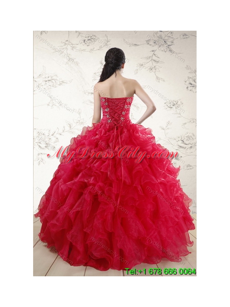 Unique Classical Red 2015 Quince Dresses with Ruffles and Beading