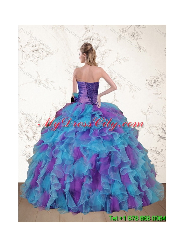Unique Cute Strapless Beading and Ruffles Multi Color Sweet 15 Dress