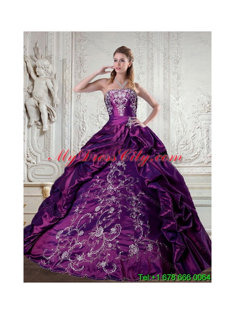 Unique Embroidery Strapless Quinceanera Dress in Purple for 2015