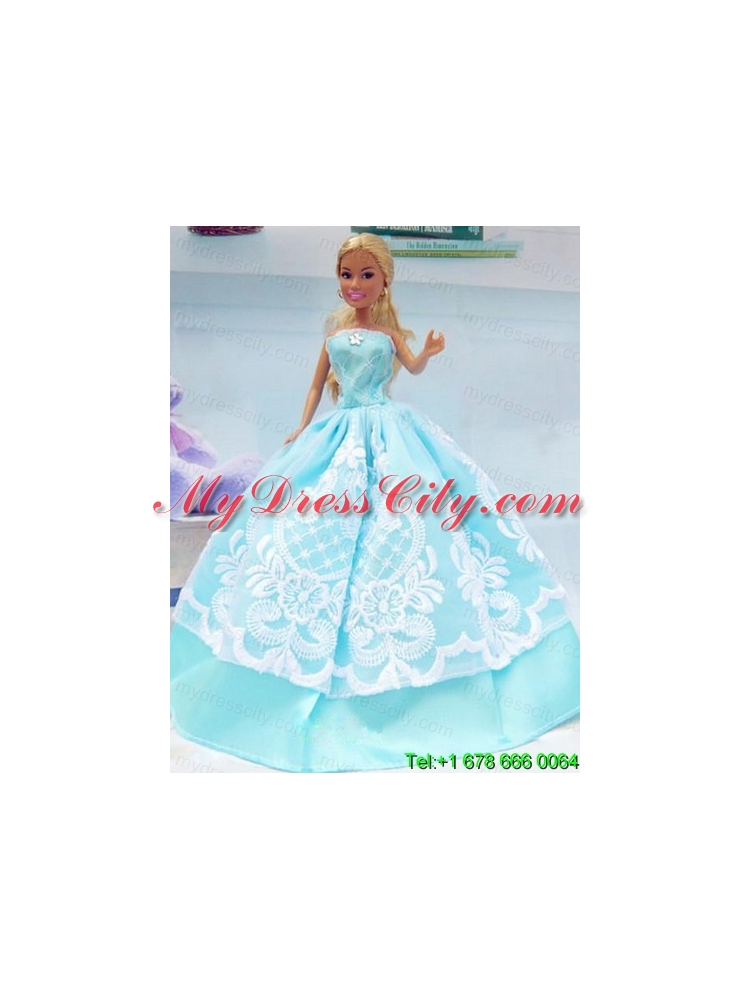 Embroidery Baby Blue For Princess Barbie Doll Dress