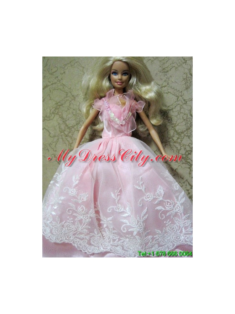 Amazing Pink Handmade Party Colothes Dress With Embroidery For Barbie Doll