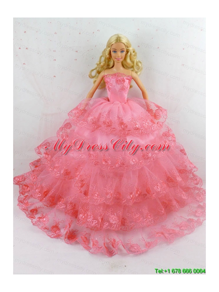 Elegant Handmade Gown With Ruffled Layers and  Embroidery Made To Fit the Barbie Doll