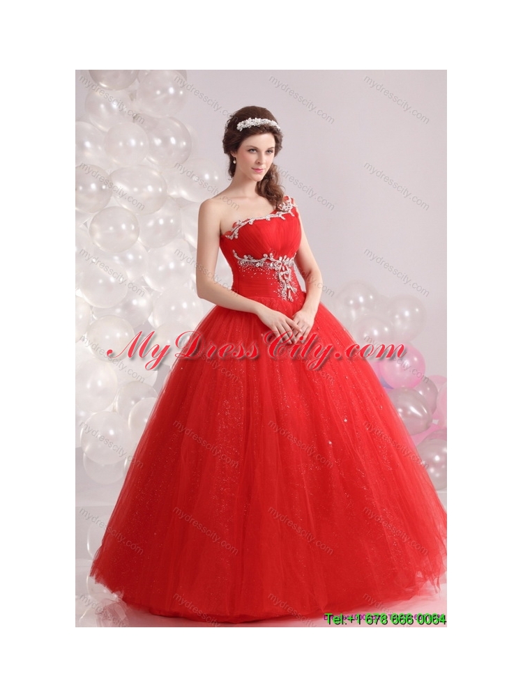 2015 Latest Red One Shoulder Sweet 15 Dresses with Rhinestones