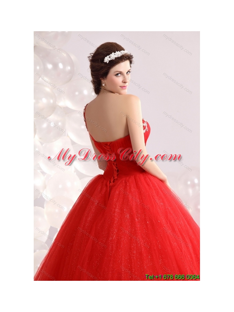 2015 Latest Red One Shoulder Sweet 15 Dresses with Rhinestones